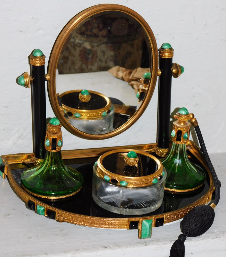 Four Piece Art Deco Gilded Metal & Stone Accent Dresser Set Attributed to Johann Umann: Four Piece Art Deco Gilded Metal & Stone Accent Dresser Set Attributed to Johann Umann . Up to 9 3/4" H 12" W 8 1/4" D "ALL DESCRIPTIONS AND ANY CONDITION STATEMENT GIVEN BY LANGSTON AUCTION GALLERY