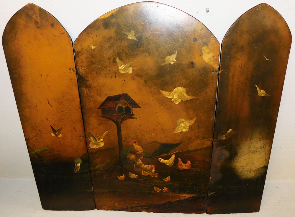 Antique Three Panel Hand Painted Paper Mache Screen with Bird Motif: Antique Three Panel Hand Painted Paper Mache Screen with Bird Motif . 26" x 30" "ALL DESCRIPTIONS AND ANY CONDITION STATEMENT GIVEN BY LANGSTON AUCTION GALLERY ARE STRICTLY OPINIONS AND LANGSTON'S