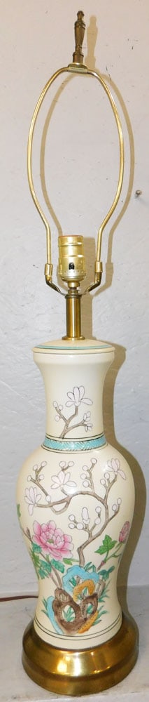 Oriental Painted Porcelain Vase Made Into Lamp: Oriental Painted Porcelain Vase Made Into Lamp . 32 1/4" H 5 1/2" Dia. "ALL DESCRIPTIONS AND ANY CONDITION STATEMENT GIVEN BY LANGSTON AUCTION GALLERY ARE STRICTLY OPINIONS AND LANGSTON'S SHALL HAVE