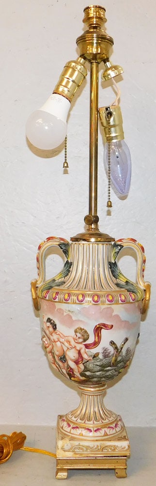 Hand Painted Porcelain Capodimonte Urn Made Into Lamp, (Has Restoration): Hand Painted Porcelain Capodimonte Urn Made Into Lamp, (Has Restoration). 26 1/2" H 7" W "ALL DESCRIPTIONS AND ANY CONDITION STATEMENT GIVEN BY LANGSTON AUCTION GALLERY ARE STRICTLY OPINIONS AND