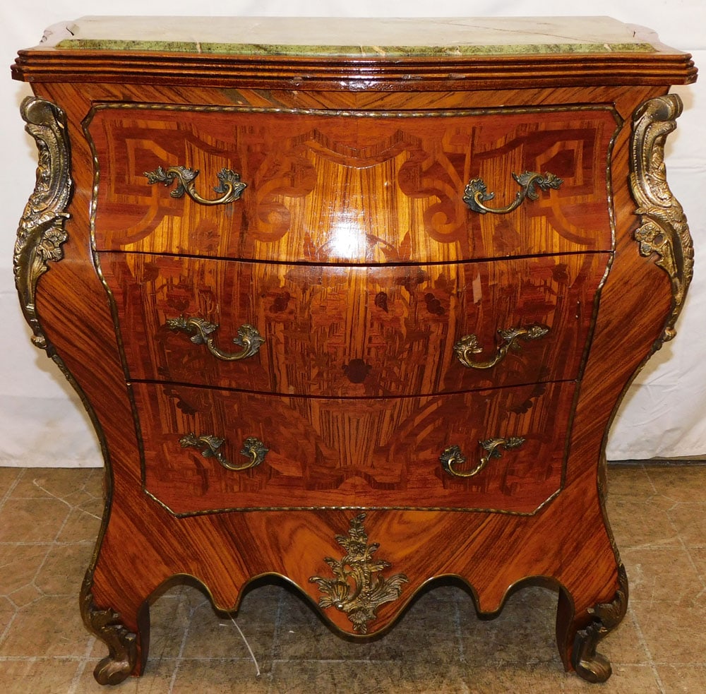 Rosewood Inlaid French Three Drawer Marble Top Chest with Brass Ormolu: Rosewood Inlaid French Three Drawer Marble Top Chest with Brass Ormolu. 37 1/2" H 35 1/4" W 18 1/2" D "ALL DESCRIPTIONS AND ANY CONDITION STATEMENT GIVEN BY LANGSTON AUCTION GALLERY ARE STRICTLY