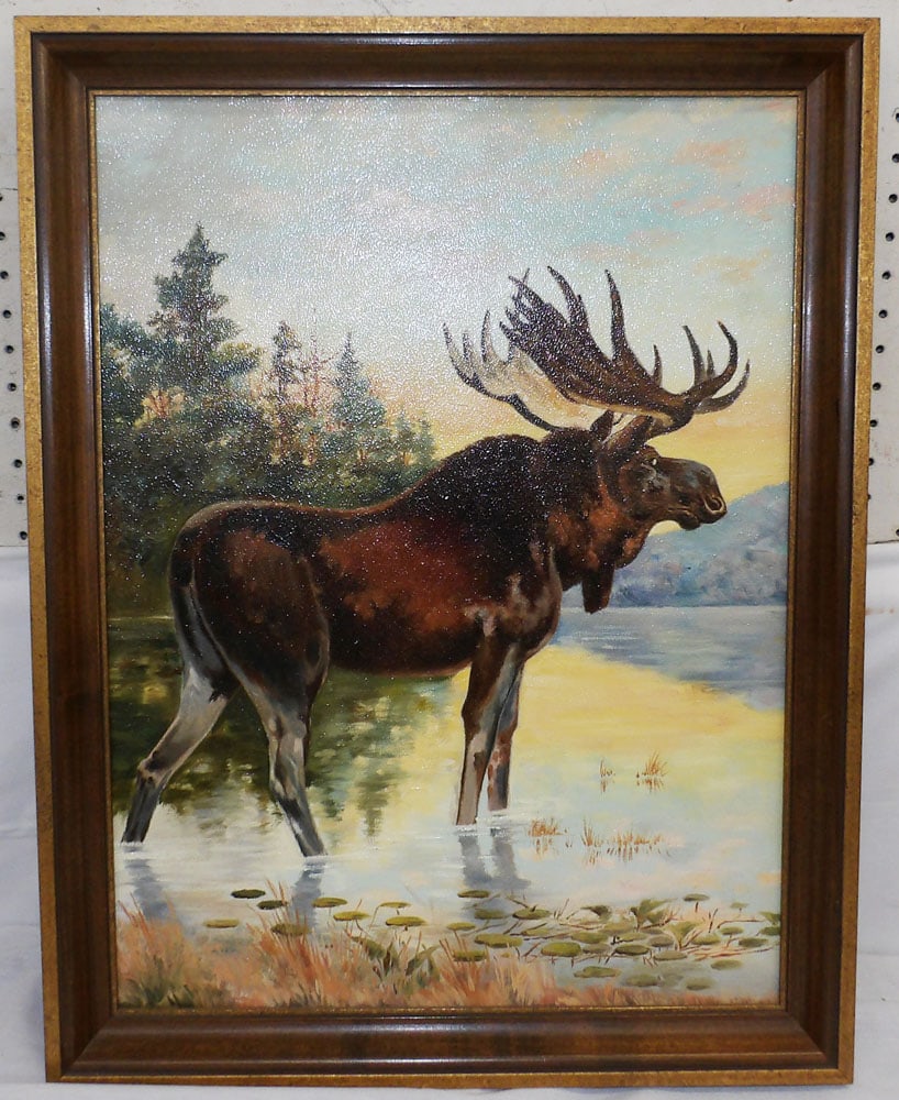 Framed Oil on Board of a Moose: Framed Oil on Board of a Moose . 26 3/4" x 20 1/2" "ALL DESCRIPTIONS AND ANY CONDITION STATEMENT GIVEN BY LANGSTON AUCTION GALLERY ARE STRICTLY OPINIONS AND LANGSTON'S SHALL HAVE NO RESPONSIBILITY