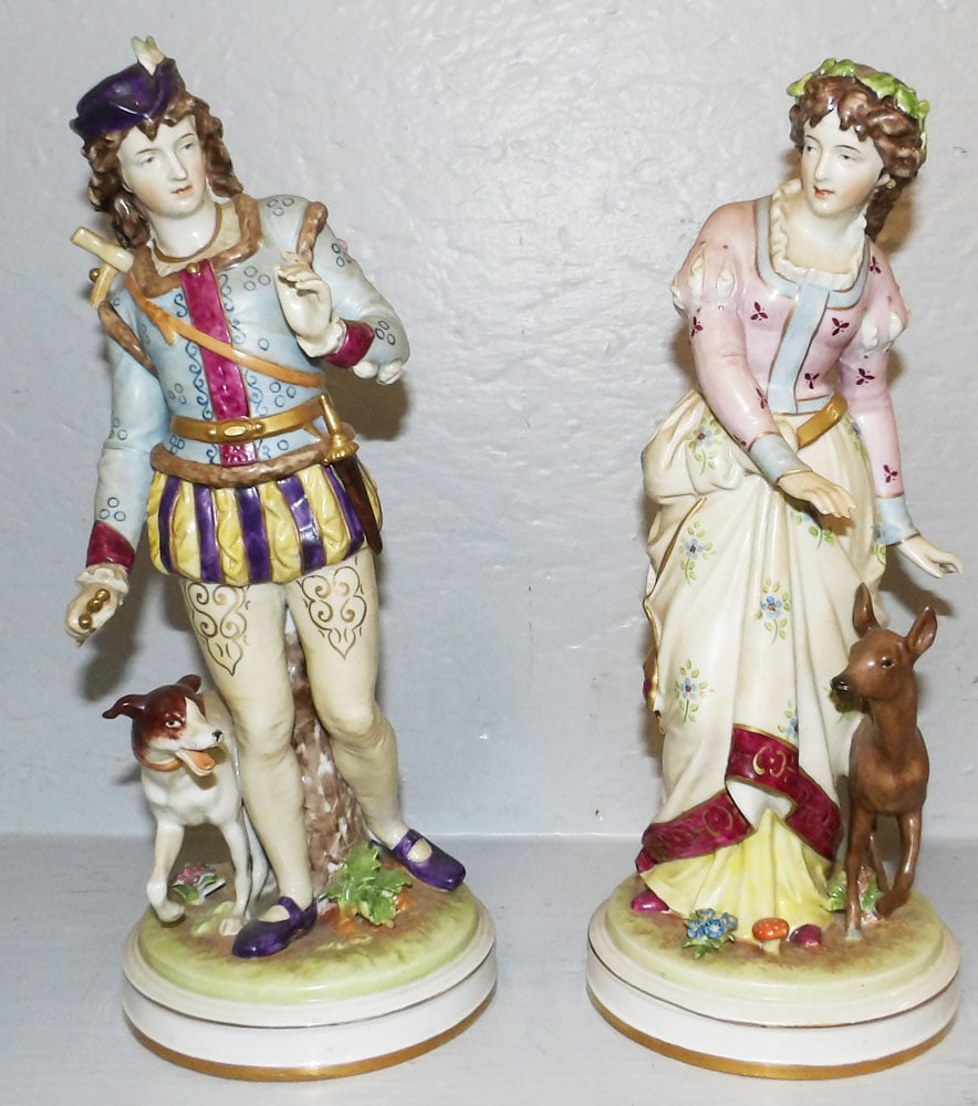 Pair of Hand Painted German Figurines: Pair of Hand Painted German Figurines . 12 1/4" H 5" W "ALL DESCRIPTIONS AND ANY CONDITION STATEMENT GIVEN BY LANGSTON AUCTION GALLERY ARE STRICTLY OPINIONS AND LANGSTON'S SHALL HAVE NO