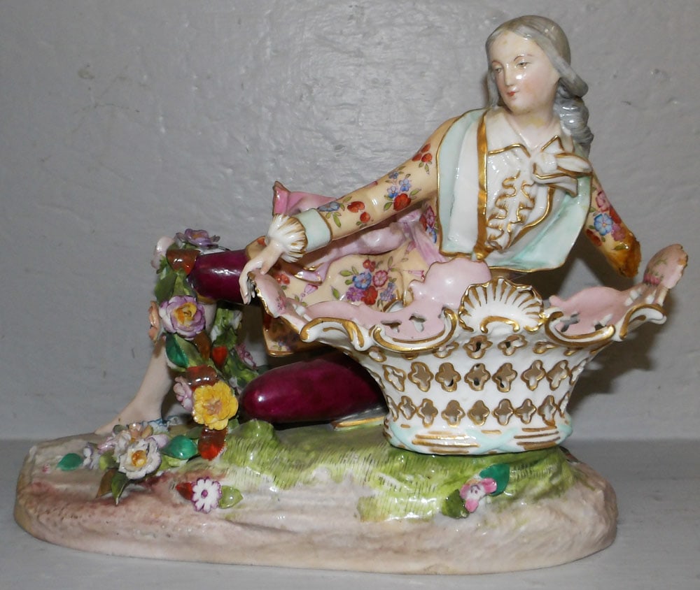 Antique Hand Painted Meissen Figural Centerpiece with Basket, (Needs Restoration): Antique Hand Painted Meissen Figural Centerpiece with Basket, (Needs Restoration). 9 1/2" H 13" W "ALL DESCRIPTIONS AND ANY CONDITION STATEMENT GIVEN BY LANGSTON AUCTION GALLERY ARE STRICTLY OPINIONS