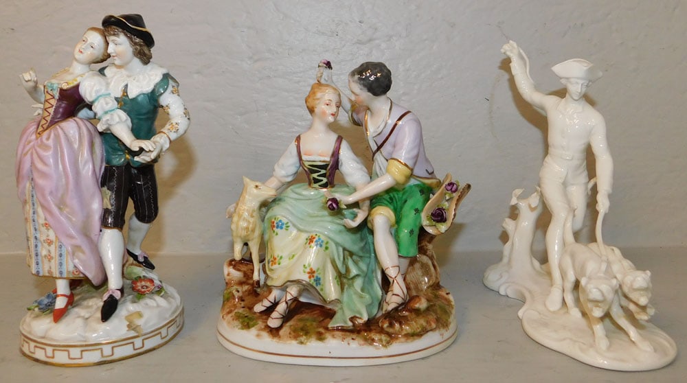 Three German Porcelain Figurines: Three German Porcelain Figurines . 6 3/4" H 6" W "ALL DESCRIPTIONS AND ANY CONDITION STATEMENT GIVEN BY LANGSTON AUCTION GALLERY ARE STRICTLY OPINIONS AND LANGSTON'S SHALL HAVE NO RESPONSIBILITY FOR