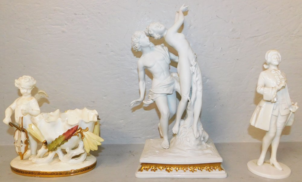 Parian Type Capodimonte Figurine, Cherub Planter, (Restoration), & Royal Vienna Figurine: Parian Type Capodimonte Figurine, Cherub Planter, (Restoration), & Royal Vienna Figurine. Up to 11 1/2" H 5 3/4" W "ALL DESCRIPTIONS AND ANY CONDITION STATEMENT GIVEN BY LANGSTON AUCTION GALLERY ARE