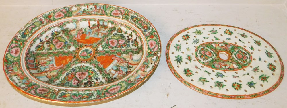 19th Century Rose Medallion Platter with Strainer: 19th Century Rose Medallion Platter with Strainer . 14 3/4" x 11 3/4" "ALL DESCRIPTIONS AND ANY CONDITION STATEMENT GIVEN BY LANGSTON AUCTION GALLERY ARE STRICTLY OPINIONS AND LANGSTON'S SHALL HAVE