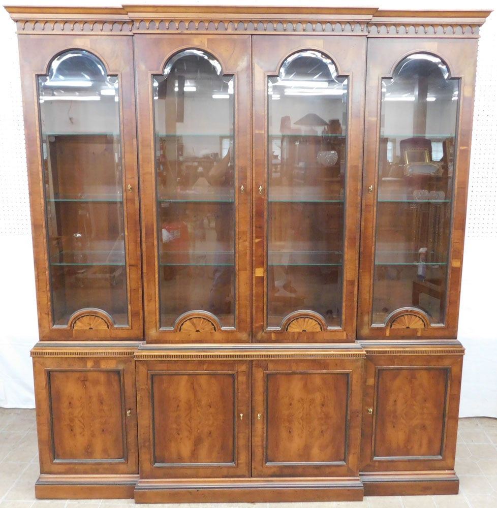Two Piece Yew Wood Fan Inlaid Breakfront with Bevel Edge Glass Doors by Henredon (1 of 20)