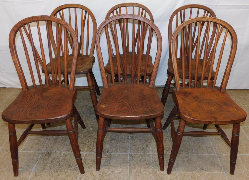 Set of Six Antique Elm Wood English Windsor Brace Back Dining Chairs (1 of 7)