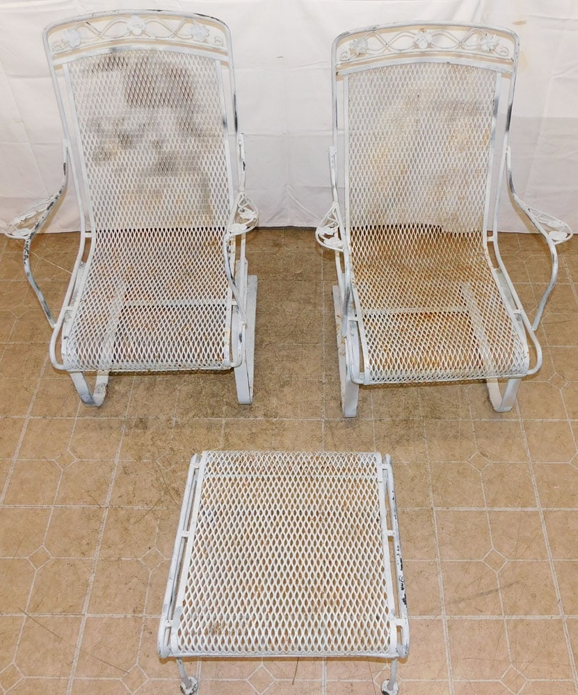 Pair of Wrought Iron Rocking Arm Chairs & Ottoman: Pair of Wrought Iron Rocking Arm Chairs & Ottoman. 37 1/4" H 25 1/4" W 29" D "ALL DESCRIPTIONS AND ANY CONDITION STATEMENT GIVEN BY LANGSTON AUCTION GALLERY ARE STRICTLY OPINIONS AND LANGSTON'S SHALL 