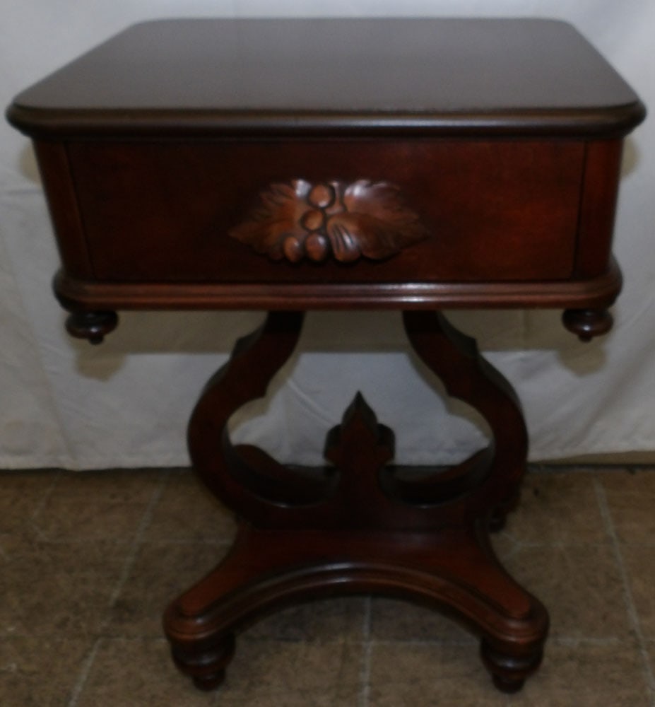 Mahogany One Drawer Stand: Mahogany One Drawer Stand . 24 1/4" H 17" W 14" D "ALL DESCRIPTIONS AND ANY CONDITION STATEMENT GIVEN BY LANGSTON AUCTION GALLERY ARE STRICTLY OPINIONS AND LANGSTON'S SHALL HAVE NO RESPONSIBILITY FOR 