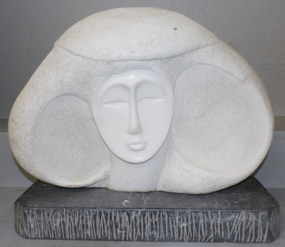 Carved Marble Sculpture on Stand Signed Jaffe: Carved Marble Sculpture on Stand Signed Jaffe. 16 1/2" H 19 3/4" W 8" D "ALL DESCRIPTIONS AND ANY CONDITION STATEMENT GIVEN BY LANGSTON AUCTION GALLERY ARE STRICTLY OPINIONS AND LANGSTON'S SHALL HAVE