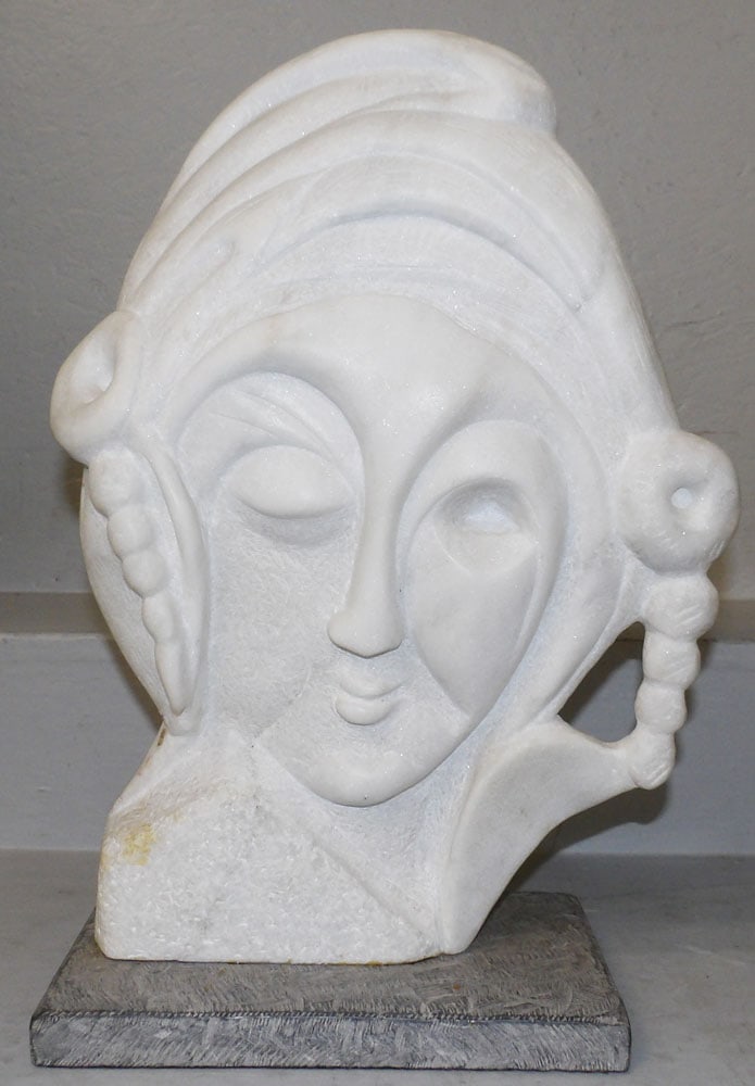 Carved Marble Sculpture on Stand Signed Jaffe: Carved Marble Sculpture on Stand Signed Jaffe. 19 1/4" H 10 3/4" W 6 1/2" D "ALL DESCRIPTIONS AND ANY CONDITION STATEMENT GIVEN BY LANGSTON AUCTION GALLERY ARE STRICTLY OPINIONS AND LANGSTON'S SHALL