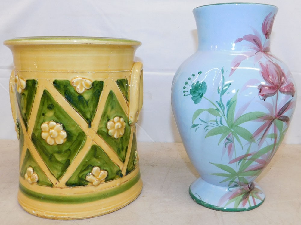 Two Painted Italian Pottery Vases: Two Painted Italian Pottery Vases . Up to 10" H 6" Dia. "ALL DESCRIPTIONS AND ANY CONDITION STATEMENT GIVEN BY LANGSTON AUCTION GALLERY ARE STRICTLY OPINIONS AND LANGSTON'S SHALL HAVE NO