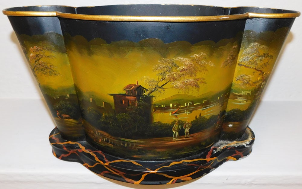 Painted Tole Jardiniere: Painted Tole Jardiniere . 8" H 14 3/4" W 7 1/2" D "ALL DESCRIPTIONS AND ANY CONDITION STATEMENT GIVEN BY LANGSTON AUCTION GALLERY ARE STRICTLY OPINIONS AND LANGSTON'S SHALL HAVE NO RESPONSIBILITY FOR