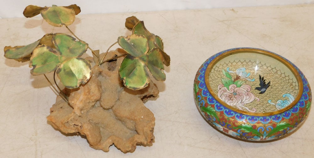 Oriental Cloisonne Bowl & Fossil Stand with Brass Flowers: Oriental Cloisonne Bowl & Fossil Stand with Brass Flowers . 5" H 10" W "ALL DESCRIPTIONS AND ANY CONDITION STATEMENT GIVEN BY LANGSTON AUCTION GALLERY ARE STRICTLY OPINIONS AND LANGSTON'S SHALL HAVE
