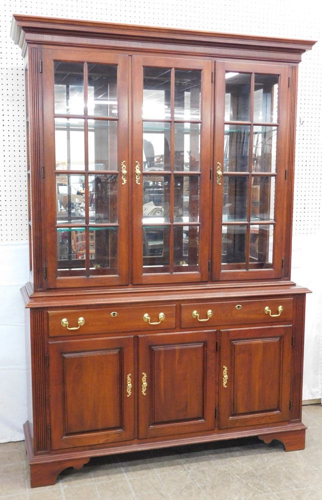 Cherry Two Piece Glass Door China Cabinet by Statton: Cherry Two Piece Glass Door China Cabinet by Statton. 82 3/4" H 56 1/4" W 18 1/2" D "ALL DESCRIPTIONS AND ANY CONDITION STATEMENT GIVEN BY LANGSTON AUCTION GALLERY ARE STRICTLY OPINIONS AND