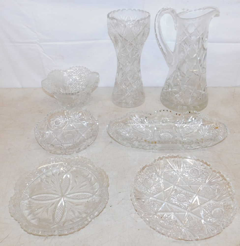 Seven Cut Glass Items: Seven Cut Glass Items . Up to 10 3/4" H 6" W "ALL DESCRIPTIONS AND ANY CONDITION STATEMENT GIVEN BY LANGSTON AUCTION GALLERY ARE STRICTLY OPINIONS AND LANGSTON'S SHALL HAVE NO RESPONSIBILITY FOR