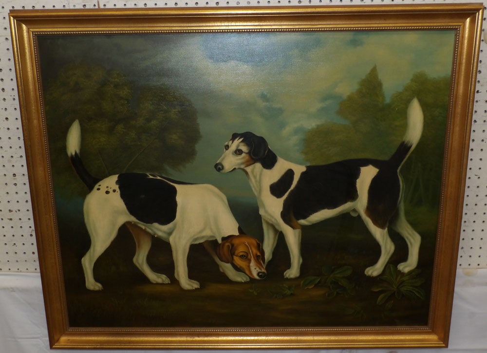 Framed Oil on Canvas Landscape of Two Hunting Hounds by Chelsea House, (Original by George Stubbs): Framed Oil on Canvas Landscape of Two Hunting Hounds by Chelsea House, (Original by George Stubbs). 36 1/4" x 44 1/4" "ALL DESCRIPTIONS AND ANY CONDITION STATEMENT GIVEN BY LANGSTON AUCTION GALLERY