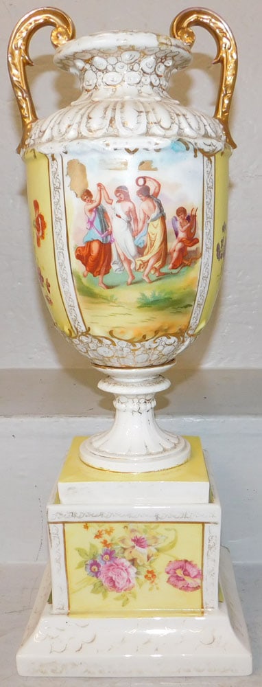 Antique Hand Painted Porcelain Urn: Antique Hand Painted Porcelain Urn . 19 1/4" H 6 1/4" Dia. "ALL DESCRIPTIONS AND ANY CONDITION STATEMENT GIVEN BY LANGSTON AUCTION GALLERY ARE STRICTLY OPINIONS AND LANGSTON'S SHALL HAVE NO
