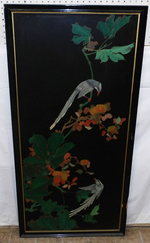 Painted Oriental Wall Panel with Bird Motif: Painted Oriental Wall Panel with Bird Motif . 49 3/4" x 24" "ALL DESCRIPTIONS AND ANY CONDITION STATEMENT GIVEN BY LANGSTON AUCTION GALLERY ARE STRICTLY OPINIONS AND LANGSTON'S SHALL HAVE NO RESPONSIB