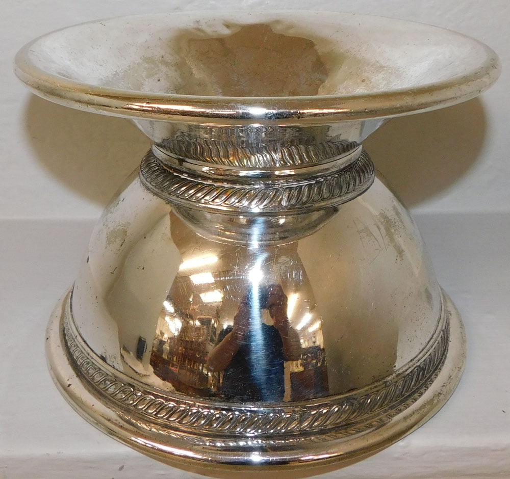 Antique Nickel Silverplated Cuspidor by Barbour Silver Co.: Antique Nickel Silverplated Cuspidor by Barbour Silver Co. . 6" H 8 3/4" Dia. "ALL DESCRIPTIONS AND ANY CONDITION STATEMENT GIVEN BY LANGSTON AUCTION GALLERY ARE STRICTLY OPINIONS AND LANGSTON'S