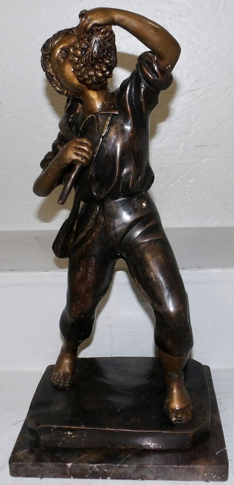 Bronze Sculpture of Grape Harvester: Bronze Sculpture of Grape Harvester. 18" H 9" W 7 3/4" D "ALL DESCRIPTIONS AND ANY CONDITION STATEMENT GIVEN BY LANGSTON AUCTION GALLERY ARE STRICTLY OPINIONS AND LANGSTON'S SHALL HAVE NO