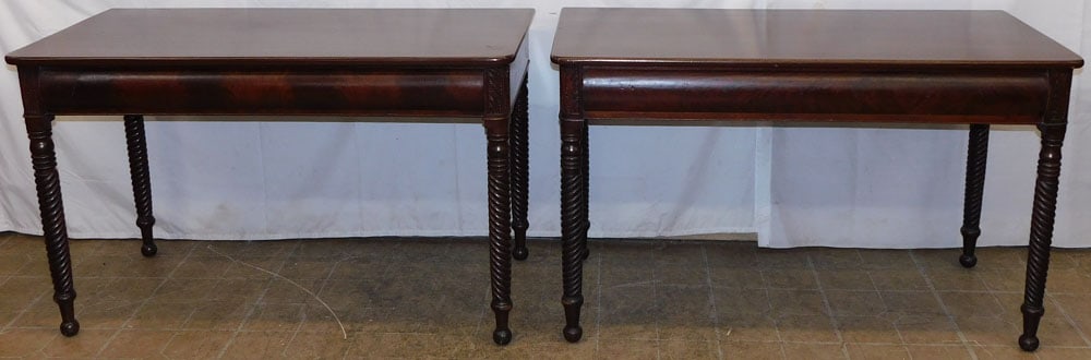 Pair of 19th Century Mahogany Consoles: Pair of 19th Century Mahogany Consoles . 29 1/4" H 47 1/2" W 23 1/2" D "ALL DESCRIPTIONS AND ANY CONDITION STATEMENT GIVEN BY LANGSTON AUCTION GALLERY ARE STRICTLY OPINIONS AND LANGSTON'S SHALL HAVE