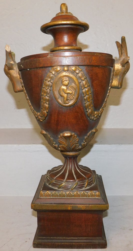 Carved Mahogany & Gilded Covered Urn with Goat Head Handles, As Found: Carved Mahogany & Gilded Covered Urn with Goat Head Handles, As Found. 18 1/2" H 9 1/2" W "ALL DESCRIPTIONS AND ANY CONDITION STATEMENT GIVEN BY LANGSTON AUCTION GALLERY ARE STRICTLY OPINIONS AND