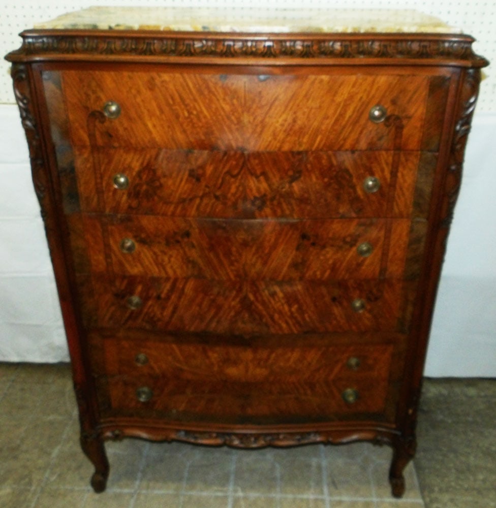 Walnut French Inlaid Marble Top Six Drawer Chest: Walnut French Inlaid Marble Top Six Drawer Chest . 54 3/4" H 40 1/4" W 21 1/2" D "ALL DESCRIPTIONS AND ANY CONDITION STATEMENT GIVEN BY LANGSTON AUCTION GALLERY ARE STRICTLY OPINIONS AND LANGSTON'S