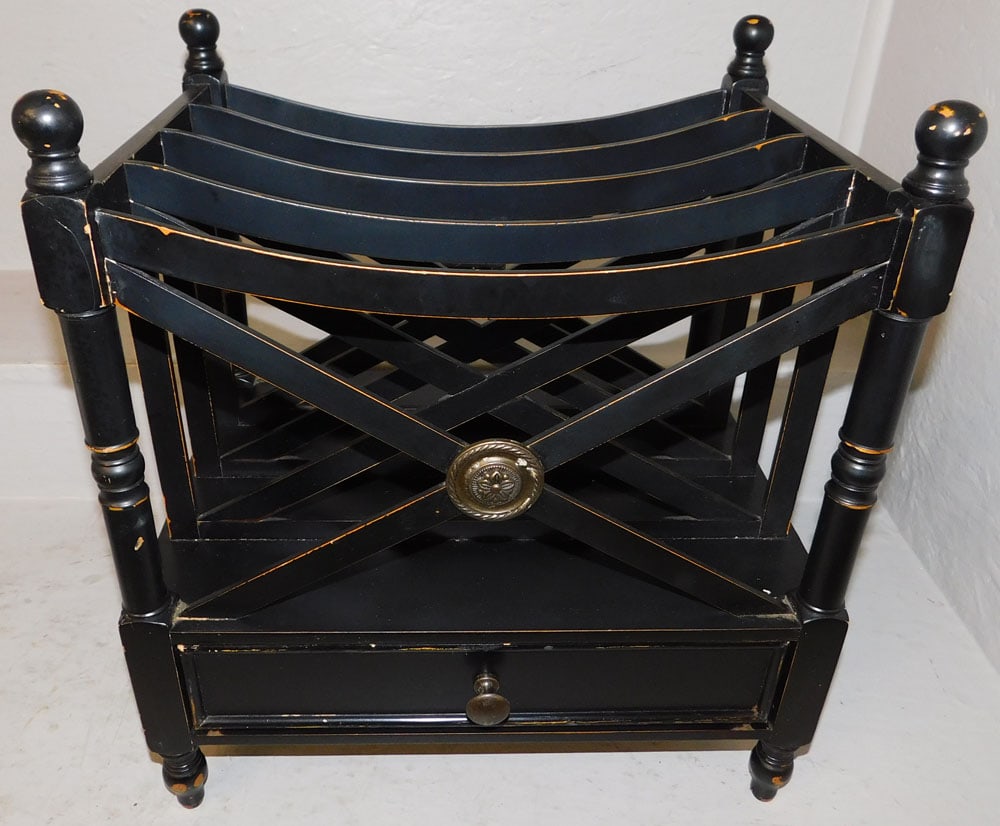 Painted Wood Magazine Stand with One Drawer: Painted Wood Magazine Stand with One Drawer . 18" H 16 1/2" W 12 1/2" D "ALL DESCRIPTIONS AND ANY CONDITION STATEMENT GIVEN BY LANGSTON AUCTION GALLERY ARE STRICTLY OPINIONS AND LANGSTON'S SHALL HAVE