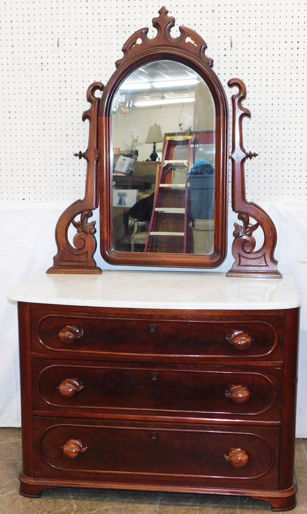Antique Walnut Victorian Marble Top Dresser: Antique Walnut Victorian Marble Top Dresser. 73" H 42 1/2" W 23" D "ALL DESCRIPTIONS AND ANY CONDITION STATEMENT GIVEN BY LANGSTON AUCTION GALLERY ARE STRICTLY OPINIONS AND LANGSTON'S SHALL HAVE NO