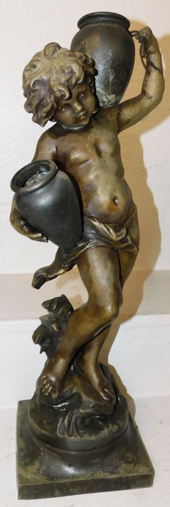 Antique Spelter Cupid Statue Artist Signed, As Found: Antique Spelter Cupid Statue Artist Signed, As Found. 23" H 8 1/2" W "ALL DESCRIPTIONS AND ANY CONDITION STATEMENT GIVEN BY LANGSTON AUCTION GALLERY ARE STRICTLY OPINIONS AND LANGSTON'S SHALL HAVE NO