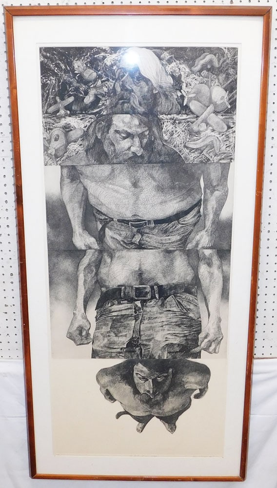 Large Framed Block Print Pencil Signed: Large Framed Block Print Pencil Signed . 58 3/4" x 28 1/2" "ALL DESCRIPTIONS AND ANY CONDITION STATEMENT GIVEN BY LANGSTON AUCTION GALLERY ARE STRICTLY OPINIONS AND LANGSTON'S SHALL HAVE NO RESPONSIBI
