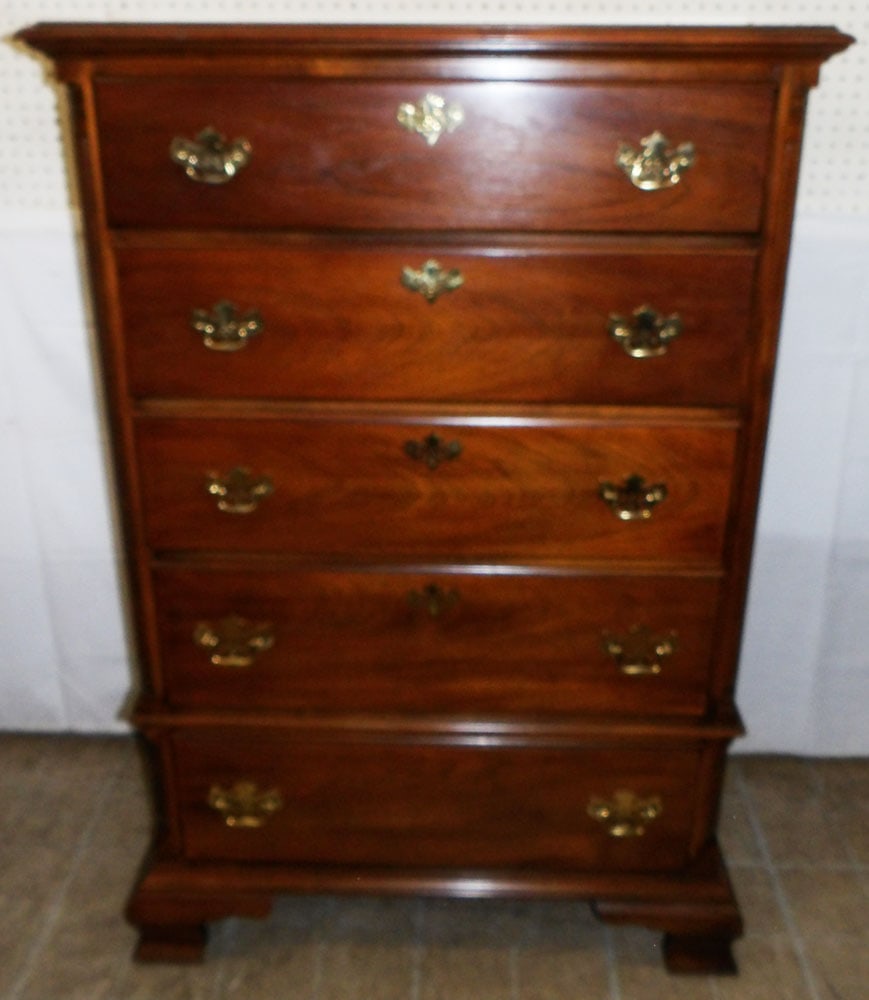 Cherry Five Drawer Tall Chest with Fluted Quarter Columns by American Drew: Cherry Five Drawer Tall Chest with Fluted Quarter Columns by American Drew. 54 1/2" H 36" W 19 1/2" D "ALL DESCRIPTIONS AND ANY CONDITION STATEMENT GIVEN BY LANGSTON AUCTION GALLERY ARE STRICTLY