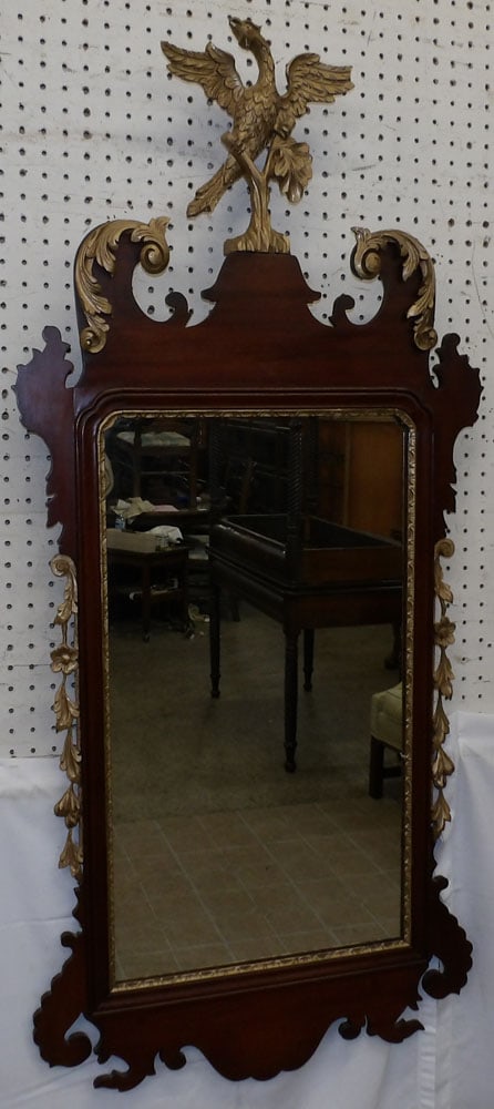 Antique Mahogany Chippendale Framed Mirror with Phoenix Bird Crest: Antique Mahogany Chippendale Framed Mirror with Phoenix Bird Crest. 52" x 23 3/4" "ALL DESCRIPTIONS AND ANY CONDITION STATEMENT GIVEN BY LANGSTON AUCTION GALLERY ARE STRICTLY OPINIONS AND LANGSTON'S