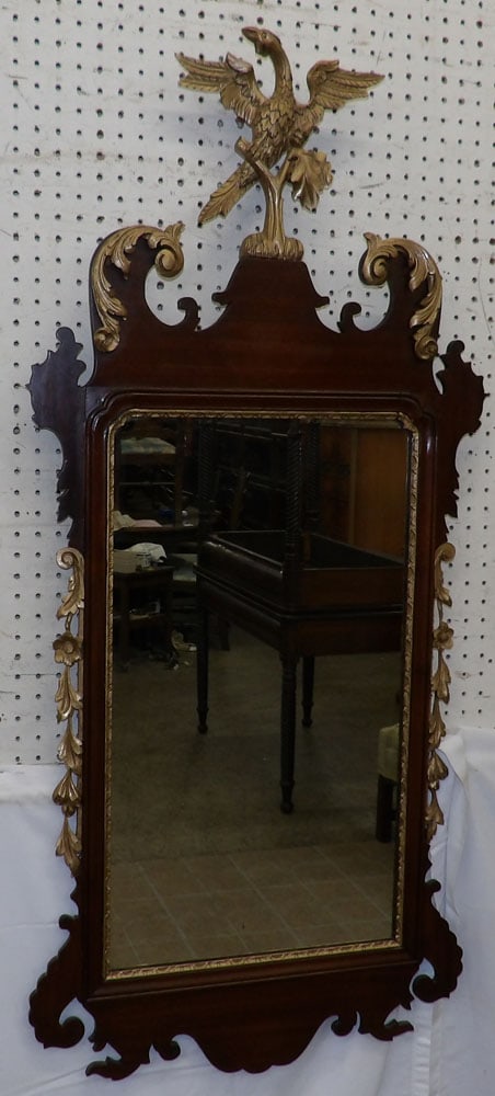 Antique Mahogany Chippendale Framed Mirror with Phoenix Bird Crest: Antique Mahogany Chippendale Framed Mirror with Phoenix Bird Crest. 52" x 23 3/4" "ALL DESCRIPTIONS AND ANY CONDITION STATEMENT GIVEN BY LANGSTON AUCTION GALLERY ARE STRICTLY OPINIONS AND LANGSTON'S