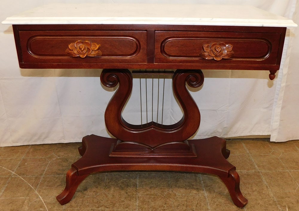 Mahogany Victorian Style Marble Top Console: Mahogany Victorian Style Marble Top Console . 30 3/4" H 36" W 18" D "ALL DESCRIPTIONS AND ANY CONDITION STATEMENT GIVEN BY LANGSTON AUCTION GALLERY ARE STRICTLY OPINIONS AND LANGSTON'S SHALL HAVE NO