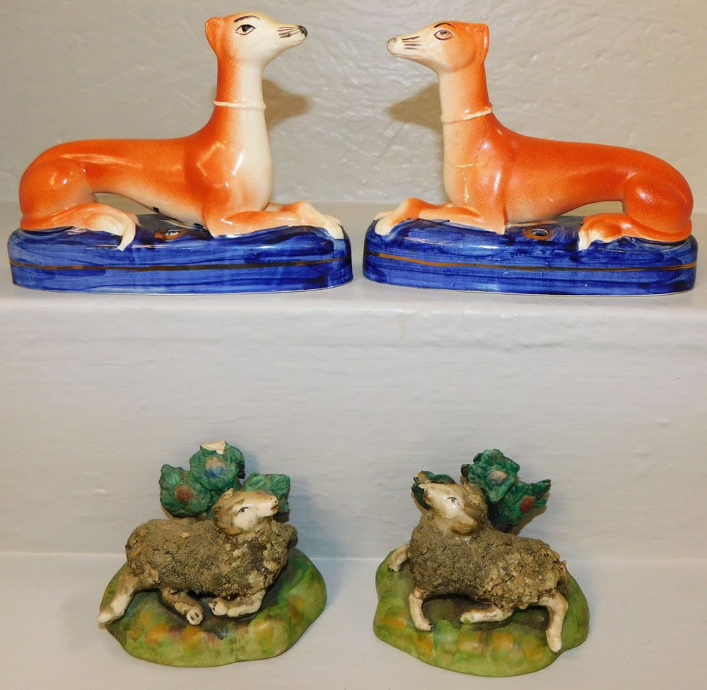Pair of Staffordshire Porcelain Whippets & Sheep Figures, As Found: Pair of Staffordshire Porcelain Whippets & Sheep Figures, As Found. Up to 5" H 6 3/4" W "ALL DESCRIPTIONS AND ANY CONDITION STATEMENT GIVEN BY LANGSTON AUCTION GALLERY ARE STRICTLY OPINIONS AND