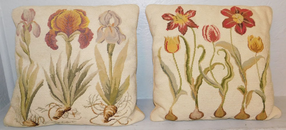 Pair of Needlepoint Pillows with Botanical Motif: Pair of Needlepoint Pillows with Botanical Motif . 17 1/2" x 16" "ALL DESCRIPTIONS AND ANY CONDITION STATEMENT GIVEN BY LANGSTON AUCTION GALLERY ARE STRICTLY OPINIONS AND LANGSTON'S SHALL HAVE NO RESP