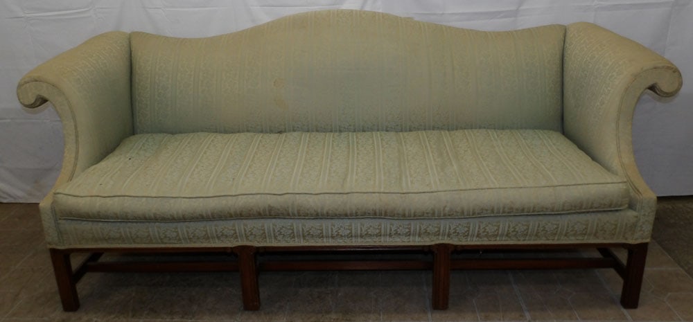 Mahogany & Upholstered Camel Back Sofa: Mahogany & Upholstered Camel Back Sofa . 35" H 84" W 34" D "ALL DESCRIPTIONS AND ANY CONDITION STATEMENT GIVEN BY LANGSTON AUCTION GALLERY ARE STRICTLY OPINIONS AND LANGSTON'S SHALL HAVE NO