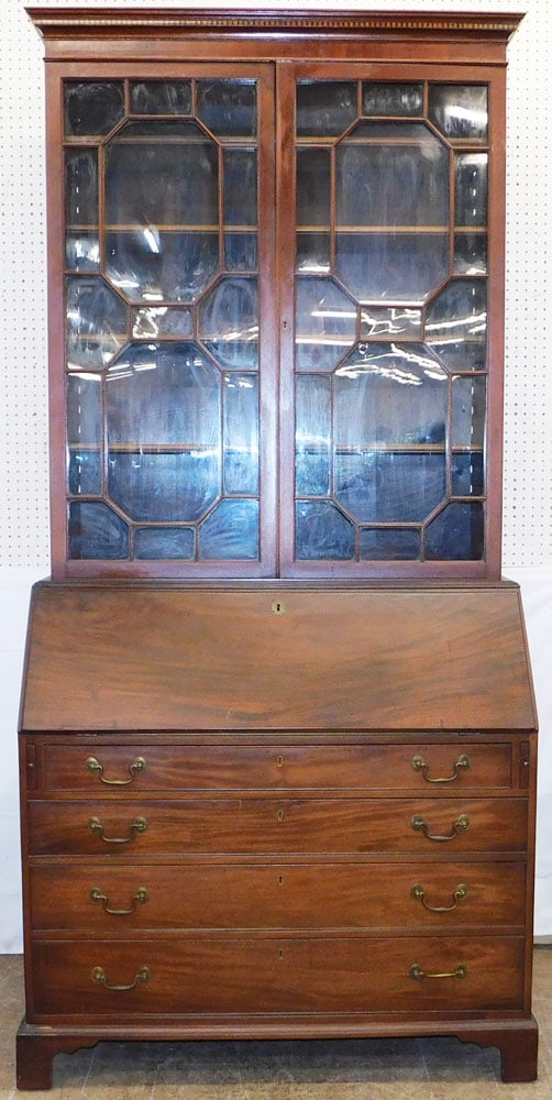19th Century Two Piece Mahogany Inlaid Glass Door Secretary: 19th Century Two Piece Mahogany Inlaid Glass Door Secretary. 93 3/4" H 45" W 21 1/2" D "ALL DESCRIPTIONS AND ANY CONDITION STATEMENT GIVEN BY LANGSTON AUCTION GALLERY ARE STRICTLY OPINIONS AND