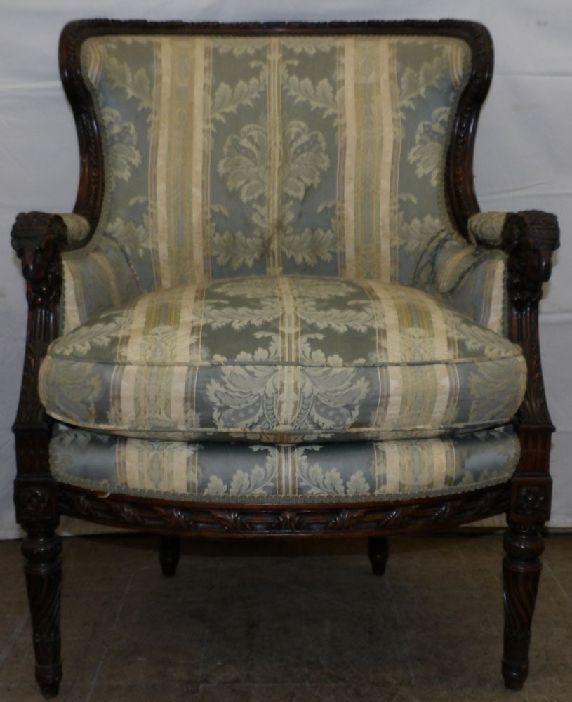 Antique Carved Walnut French Arm Chair with Ram's Head Arms: Antique Carved Walnut French Arm Chair with Ram's Head Arms . 38 3/4" H 29" W 30" D "ALL DESCRIPTIONS AND ANY CONDITION STATEMENT GIVEN BY LANGSTON AUCTION GALLERY ARE STRICTLY OPINIONS AND
