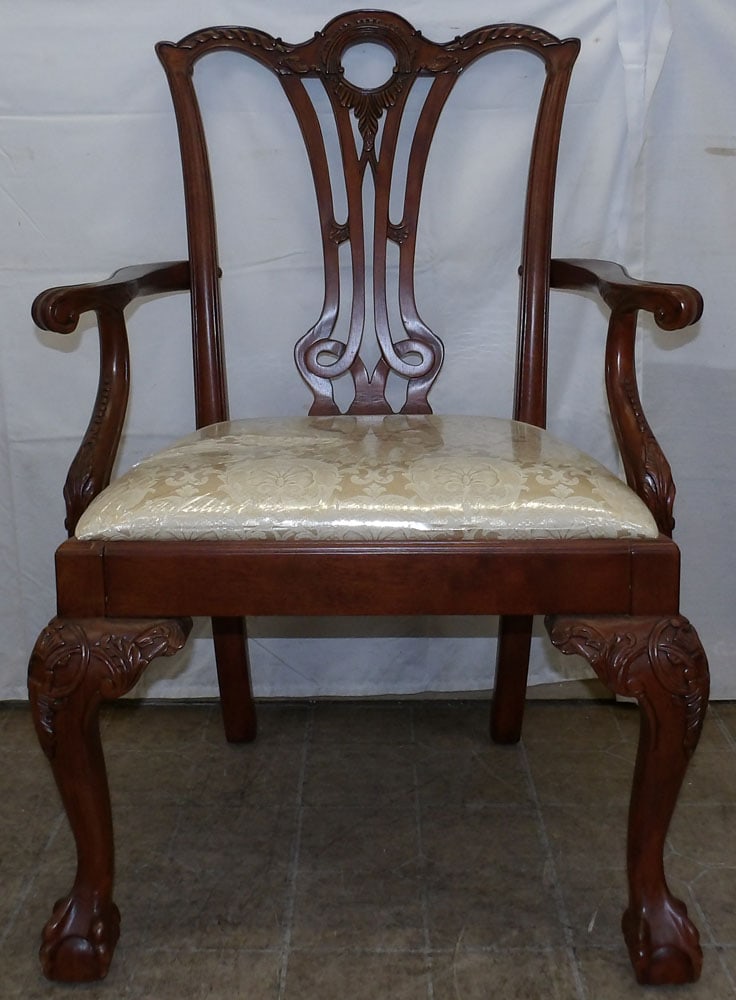 Carved Mahogany Chippendale Style Arm Chair with Ball & Claw Feet: Carved Mahogany Chippendale Style Arm Chair with Ball & Claw Feet. 40" H 28" W 23" D "ALL DESCRIPTIONS AND ANY CONDITION STATEMENT GIVEN BY LANGSTON AUCTION GALLERY ARE STRICTLY OPINIONS AND LANGSTON'