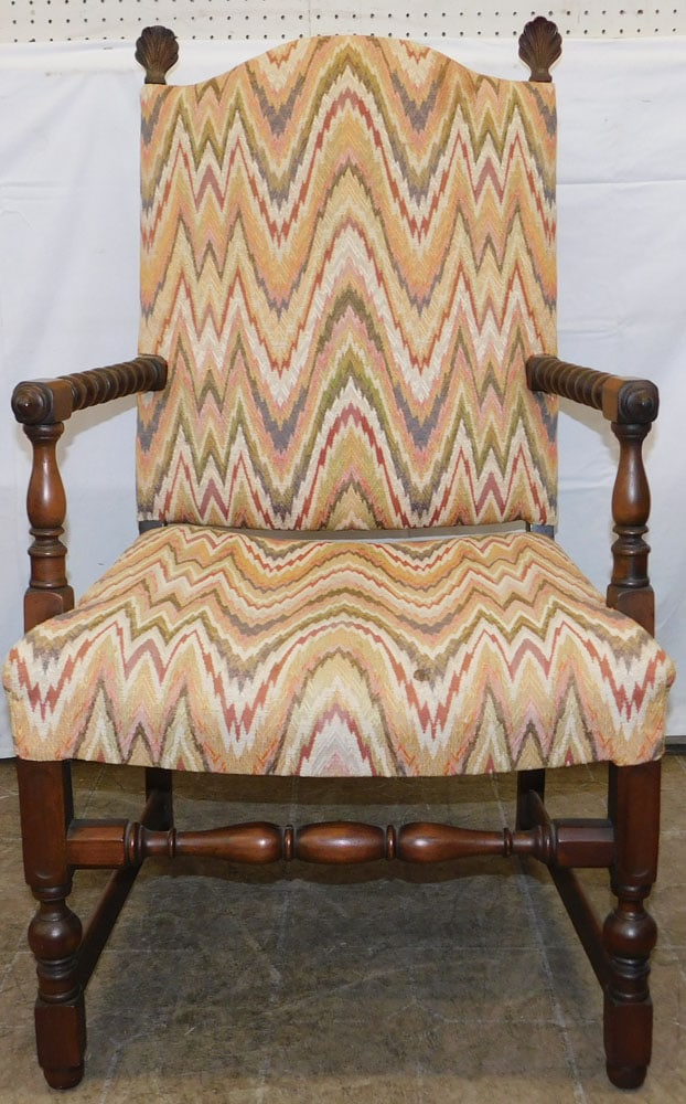 Antique Walnut Jacobean Style Arm Chair: Antique Walnut Jacobean Style Arm Chair . 42 3/4" H 24 1/2" W 23" D "ALL DESCRIPTIONS AND ANY CONDITION STATEMENT GIVEN BY LANGSTON AUCTION GALLERY ARE STRICTLY OPINIONS AND LANGSTON'S SHALL HAVE NO