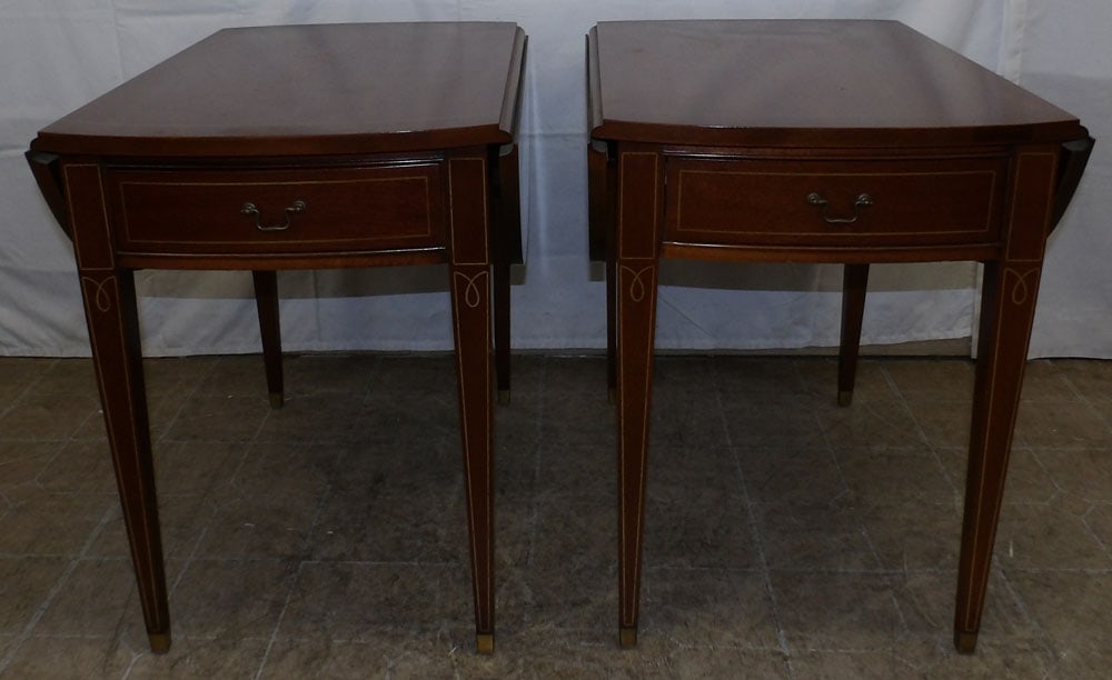 Pair of Mahogany Inlaid Drop Leaf One Drawer Pembroke Tables: Pair of Mahogany Inlaid Drop Leaf One Drawer Pembroke Tables . 25 1/4" H 19 1/2" W 28" D "ALL DESCRIPTIONS AND ANY CONDITION STATEMENT GIVEN BY LANGSTON AUCTION GALLERY ARE STRICTLY OPINIONS AND