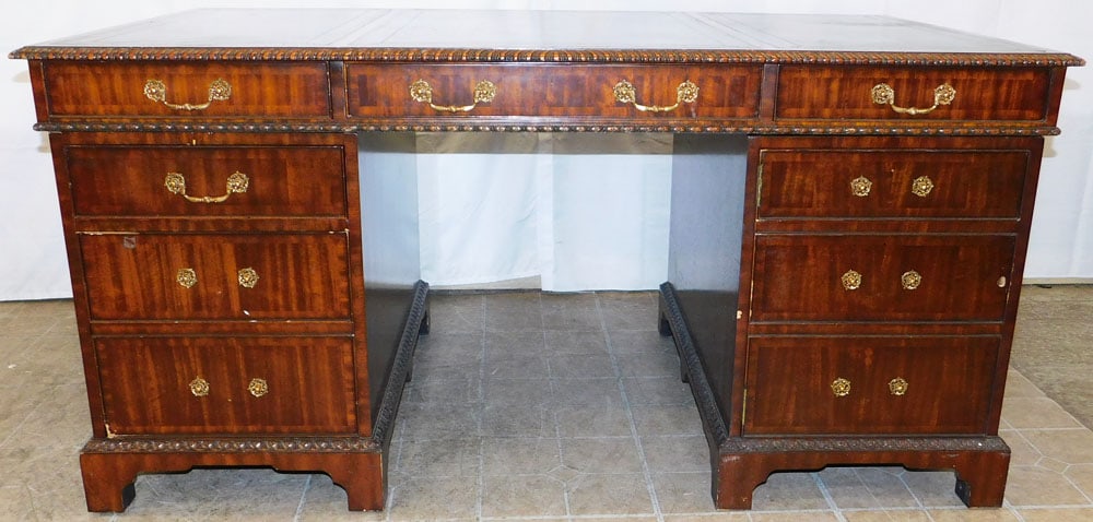 Three Piece Mahogany Partner's Desk with Tooled Leather Top by Maitland Smith (1 of 7)