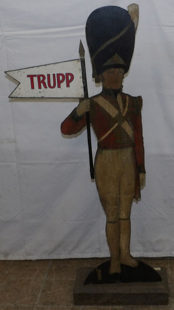Antique Painted Wood Cut Out Soldier Butler: Antique Painted Wood Cut Out Soldier Butler. 38 1/2" H 16" W "ALL DESCRIPTIONS AND ANY CONDITION STATEMENT GIVEN BY LANGSTON AUCTION GALLERY ARE STRICTLY OPINIONS AND LANGSTON'S SHALL HAVE NO