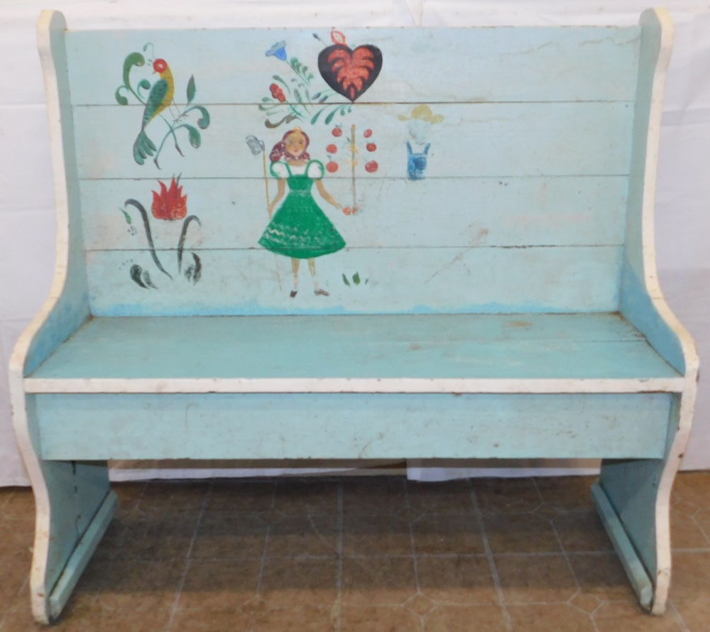 Antique Painted Wood Folk Art Bench: Antique Painted Wood Folk Art Bench. 41 3/4" H 44" W 15" D "ALL DESCRIPTIONS AND ANY CONDITION STATEMENT GIVEN BY LANGSTON AUCTION GALLERY ARE STRICTLY OPINIONS AND LANGSTON'S SHALL HAVE NO