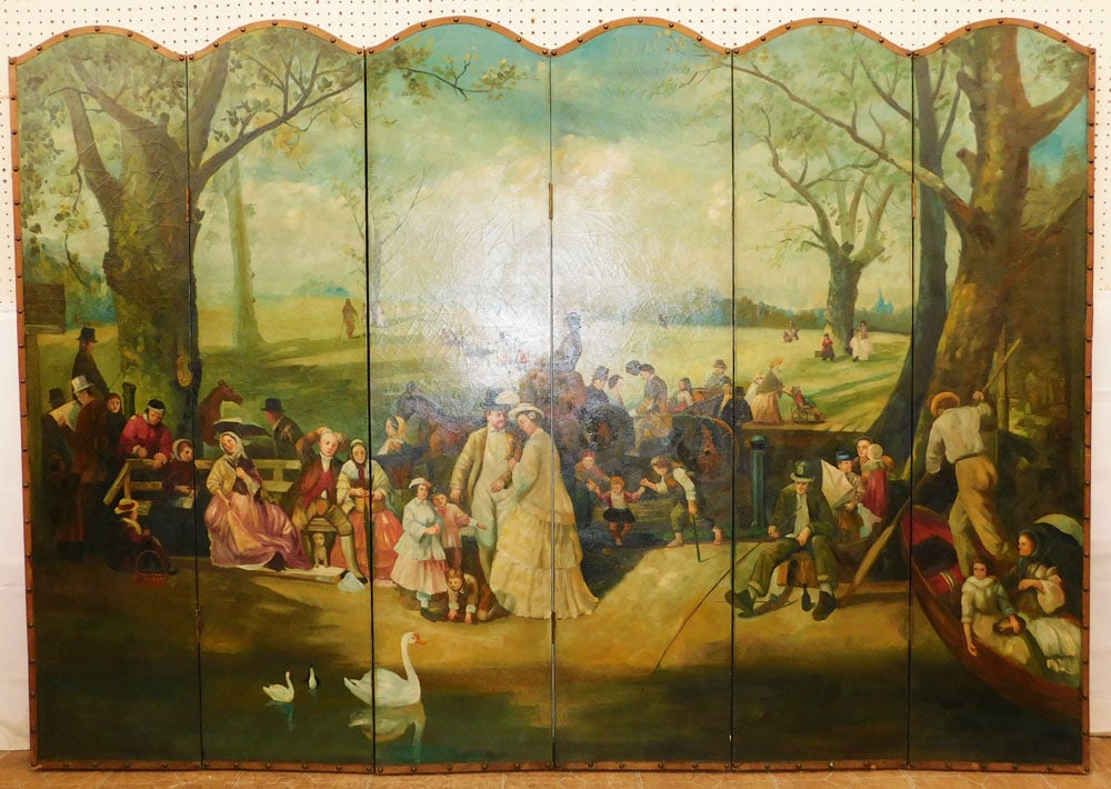 Antique Hand Painted Six Panel Room Divider: Antique Hand Painted Six Panel Room Divider . 67 1/4" H 96" W "ALL DESCRIPTIONS AND ANY CONDITION STATEMENT GIVEN BY LANGSTON AUCTION GALLERY ARE STRICTLY OPINIONS AND LANGSTON'S SHALL HAVE NO